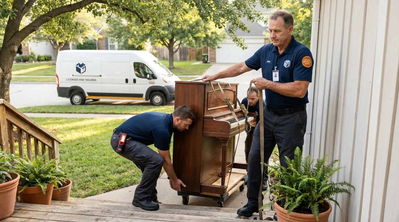 Licensed piano movers securing grand piano in Newfield, NJ