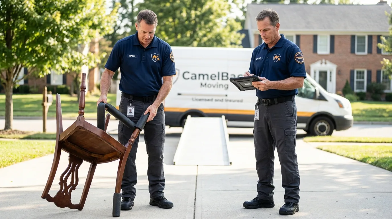 Movers inspecting furniture for damage prevention before loading in Newfield, NJ