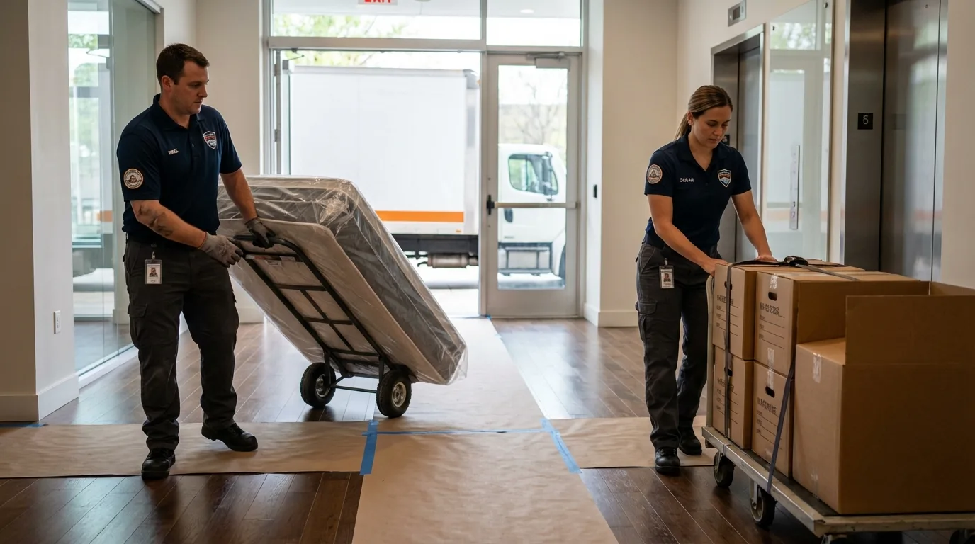 Professional apartment movers loading elevator in Newfield, NJ