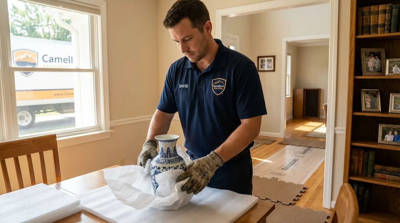Professional crew carefully wrapping antique vase for senior downsizing move in Newfield, NJ